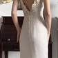 Off‑White Vintage Halter Maxi Gown, Ornate Lace Applique V‑Neck Bodice, Textured Vertical‑Stripe Fabric, Fitted Sheath Silhouette, Front High‑Slit Design, Elegant Retro Light‑Wedding Evening Party Dress gh8844