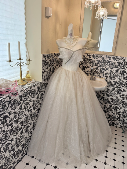 Ivory Strapless Beaded Neckline Design Waist-Cinched Voluminous Skirt Romantic Dress, Wedding Gown gh7693