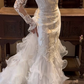 White Vintage Mermaid Wedding Gown, High Neck Illusion Long Sleeve Lace Beaded Appliqué Ruffled Tulle Train Bridal Dress gh9065
