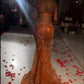 Orange Luxury Shiny Beaded V Neck Sexy Elegant Mermaid Slim Fit Long Floor Length Train Ball Gown Evening Gown Party Dress Prom Dress gh3660
