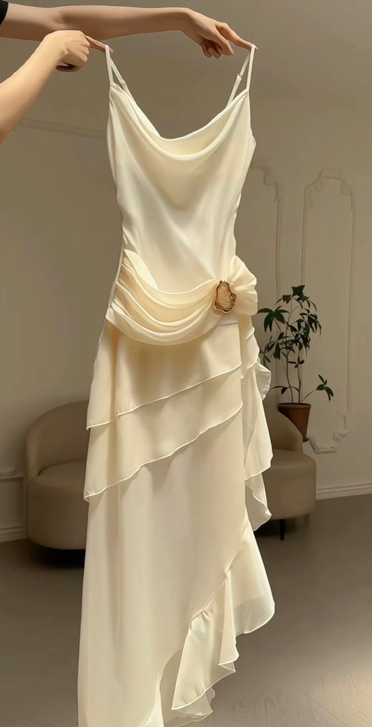 Ivory White Vintage Spaghetti Strap Long Chiffon prom dress Evening Dress Party Dress gh3374