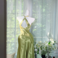 Olive Green Satin Halter Midi Prom Dress, Deep V Neck Ruched Waist Irregular Flowy Hem Evening Gown, Vintage Wedding Guest Dress with Side Sash gh9488