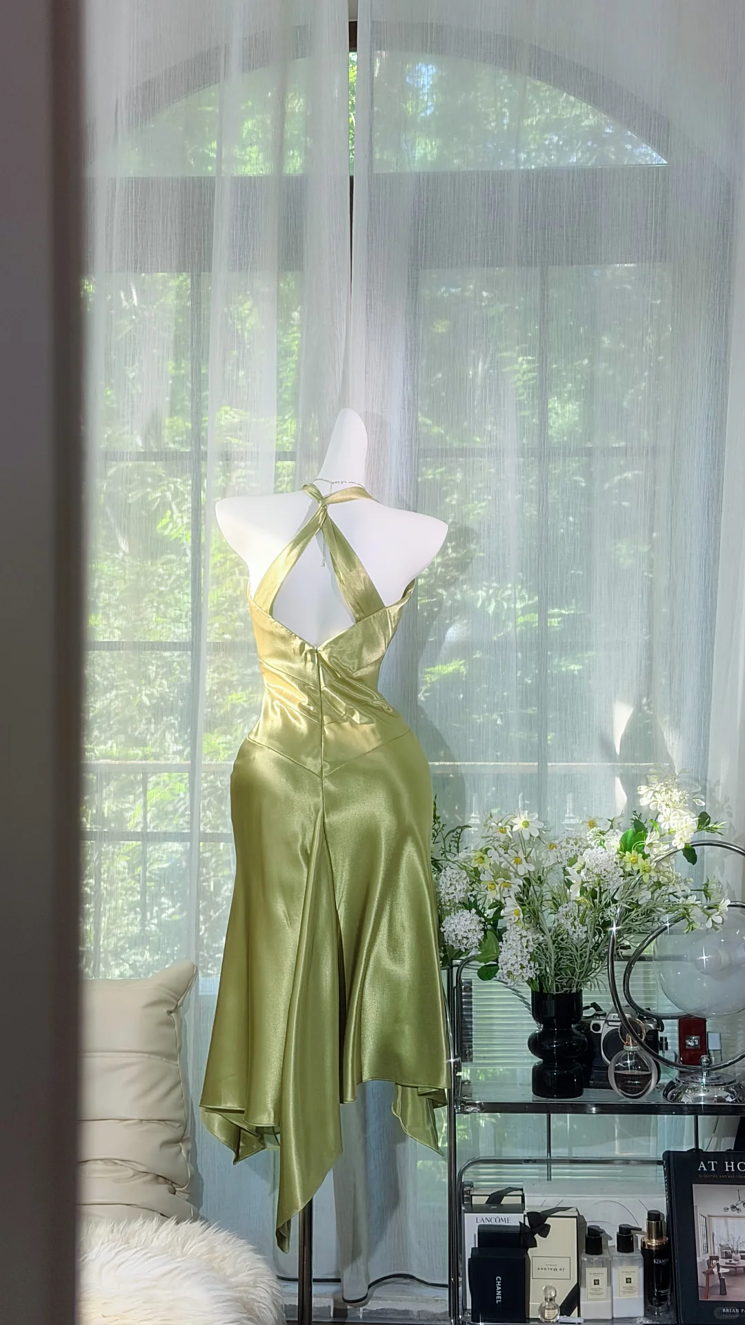Olive Green Satin Halter Midi Prom Dress, Deep V Neck Ruched Waist Irregular Flowy Hem Evening Gown, Vintage Wedding Guest Dress with Side Sash gh9488