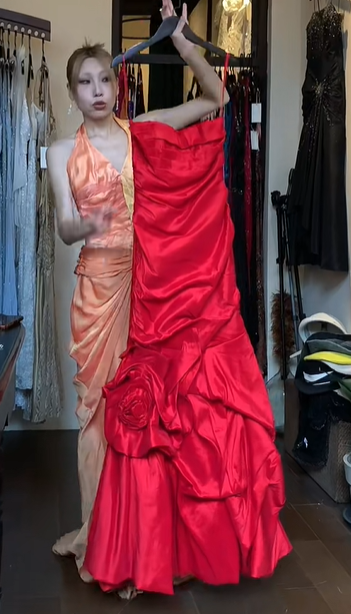 Red Satin Ruched Long Prom Dress with 3D Big Rose, Off Shoulder Formal Evening Gown gh9834