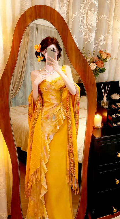 Golden Yellow Spaghetti Straps Evening Gown, Floral Print Mermaid Dress With Tassel Knit Shawl Prom Dress gh9135