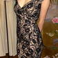 Light Brown Base Sexy Vintage Black Floral Pattern V-neck Fitted Waist Slim Prom & Evening Party Dress gh8430