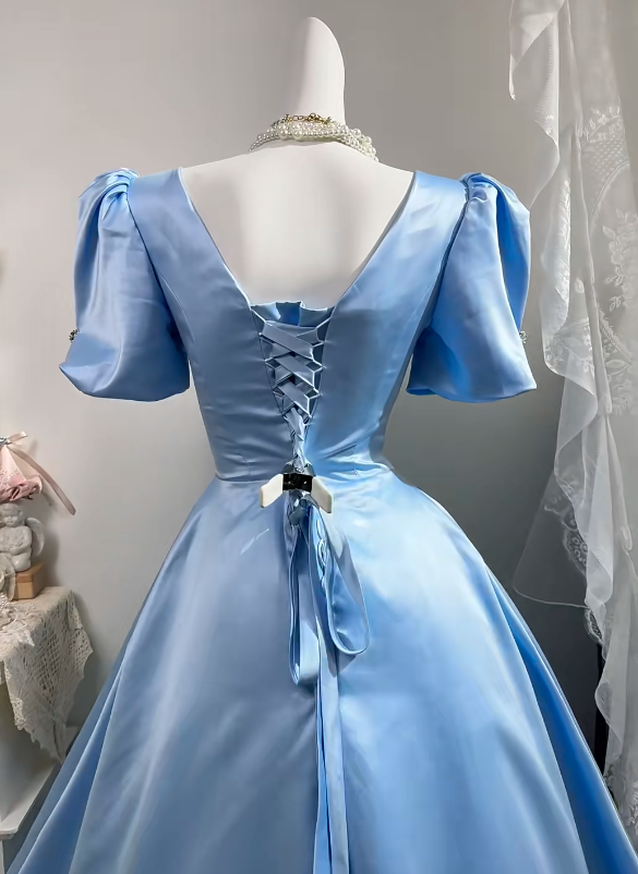 Light Blue Satin Long Evening Gown, V Neck Puff Short Sleeve Beaded Rhinestone A-Line Princess Prom Dress gh9271