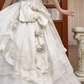 Ivory Vintage Satin Ball Gown Wedding Prom Dress, Sweetheart V‑Neck Puff Sleeves With Bows, Floral Lace Appliqués, Multi‑Tier Lace Cake Hem gh8710