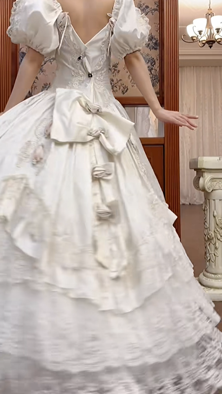 Ivory Vintage Satin Ball Gown Wedding Prom Dress, Sweetheart V‑Neck Puff Sleeves With Bows, Floral Lace Appliqués, Multi‑Tier Lace Cake Hem gh8710