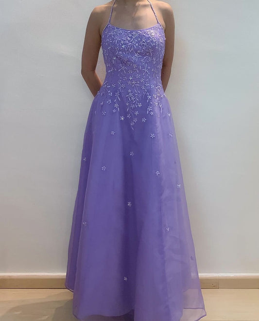 Girlhomeshops - Robe de bal longue en tulle violet à bretelles florales exquises, longueur au sol, gh5519