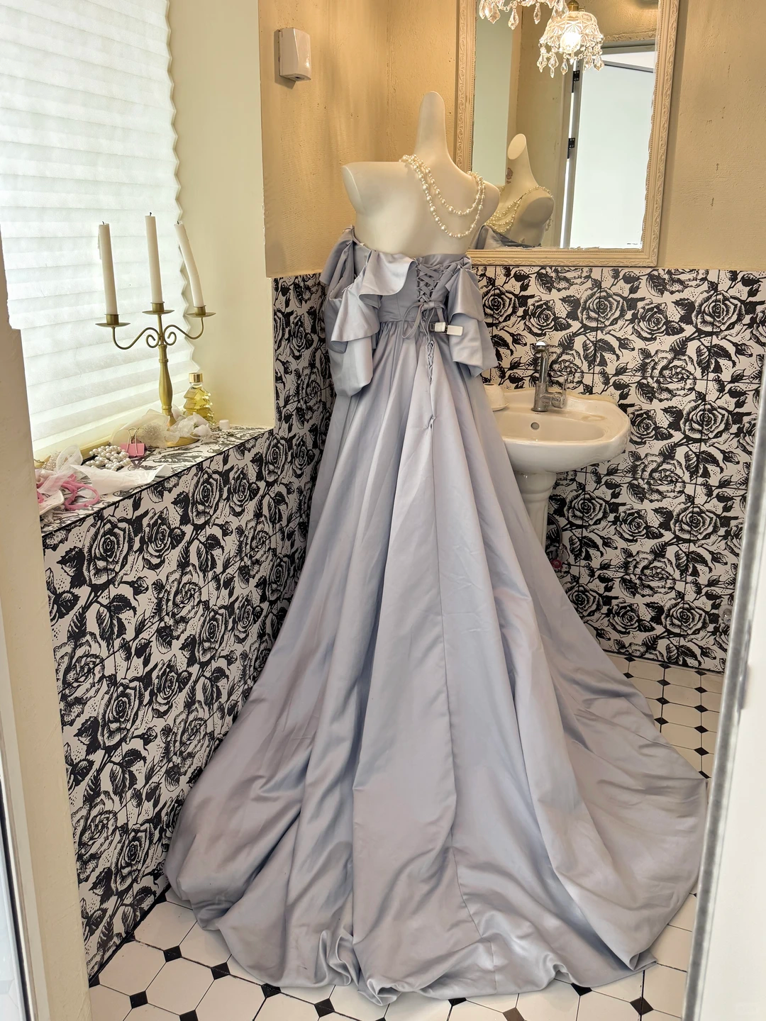 Light Blue Ruffled Strapless Waist-Cinched Full Flared Skirt Romantic Dress, Wedding Gown gh7641
