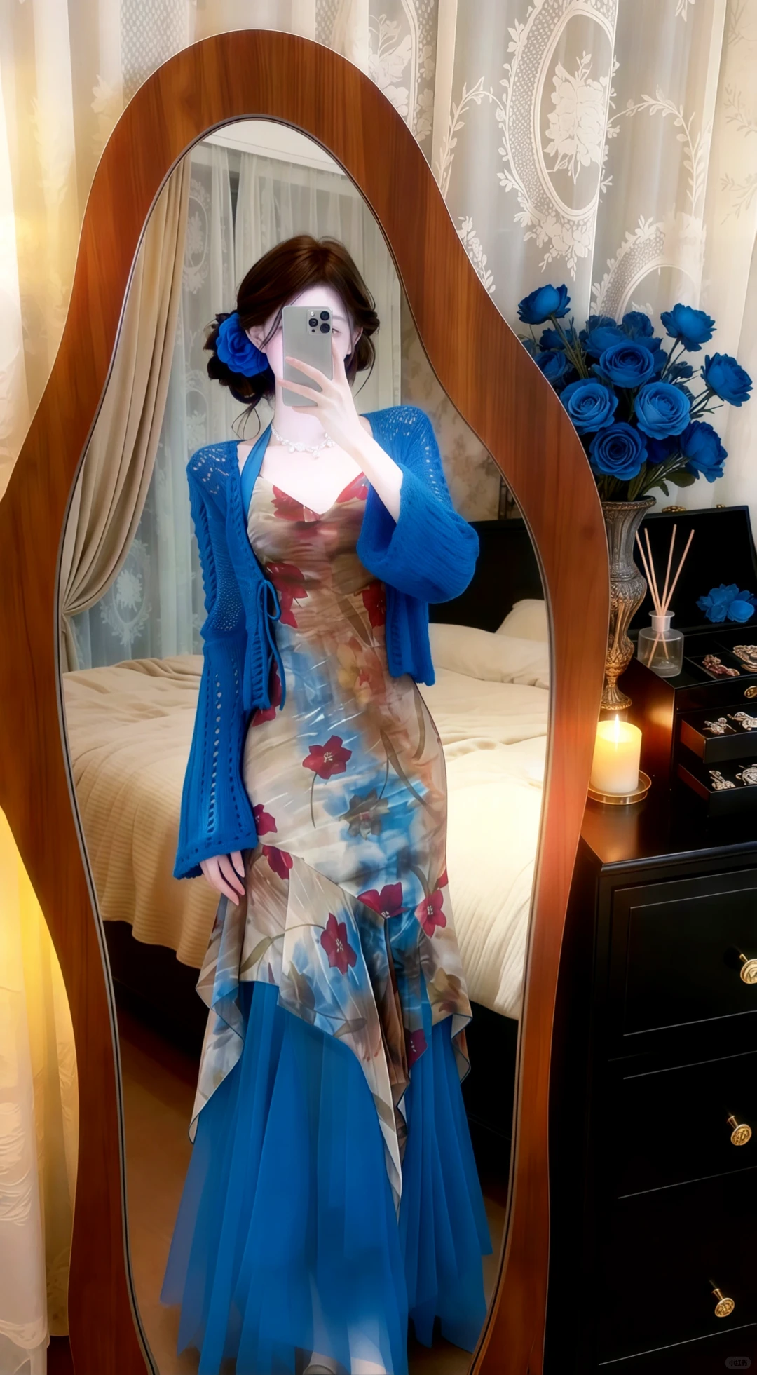 Halter V‑Neck Floral Print Evening Gown, Irregular Ruffle Skirt With Blue Knit Cardigan Prom Dress gh9136