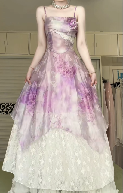 Lavender Tie‑Dye Floral Butterfly Print Spaghetti Strap Ball Gown, Lace Patchwork Irregular Tulle Formal Prom Dress gh9014