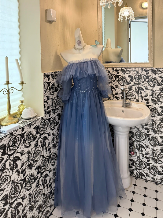 Dusty Blue Off-the-Shoulder Waist-Cinched Long Vintage Romantic Gown gh7553