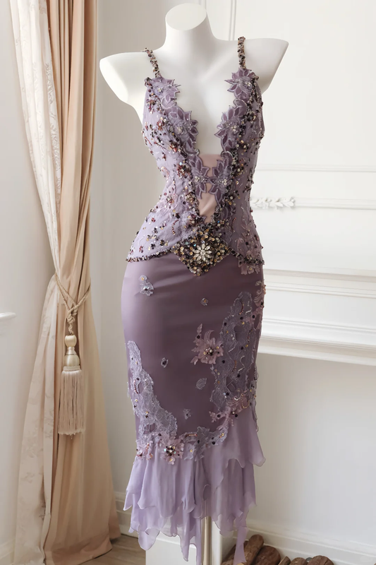 Women Dusty Purple Vintage Midi Cocktail Dress Spaghetti Straps Deep V Lace Corset Top 3D Flower Applique Hand Beaded Ruffle Hem Evening Gown gh9584