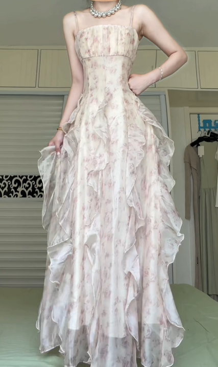 Floral Spaghetti Strap Long Evening Gown, Square Neck Chiffon Prom Dress With Asymmetrical Ruffle Skirt for Banquet Party gh8956