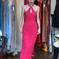 Crisscross Halter Fuchsia Prom Dress Keyhole Cutout Allover Beaded Sequin Side Ruffle Formal Evening Gown gh9808
