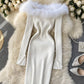 Black/white/gray autumn and winter fashion new sexy off-shoulder fashion fur collar slim hip knitted dress 11281