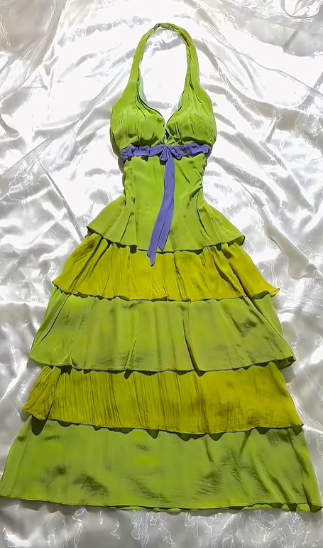 Vintage Yellow Green Halter Fitted Waist Long Prom & Evening Party Dress With Tiered Skirt gh8529