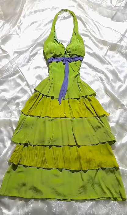 Vintage Yellow Green Halter Fitted Waist Long Prom & Evening Party Dress With Tiered Skirt gh8529