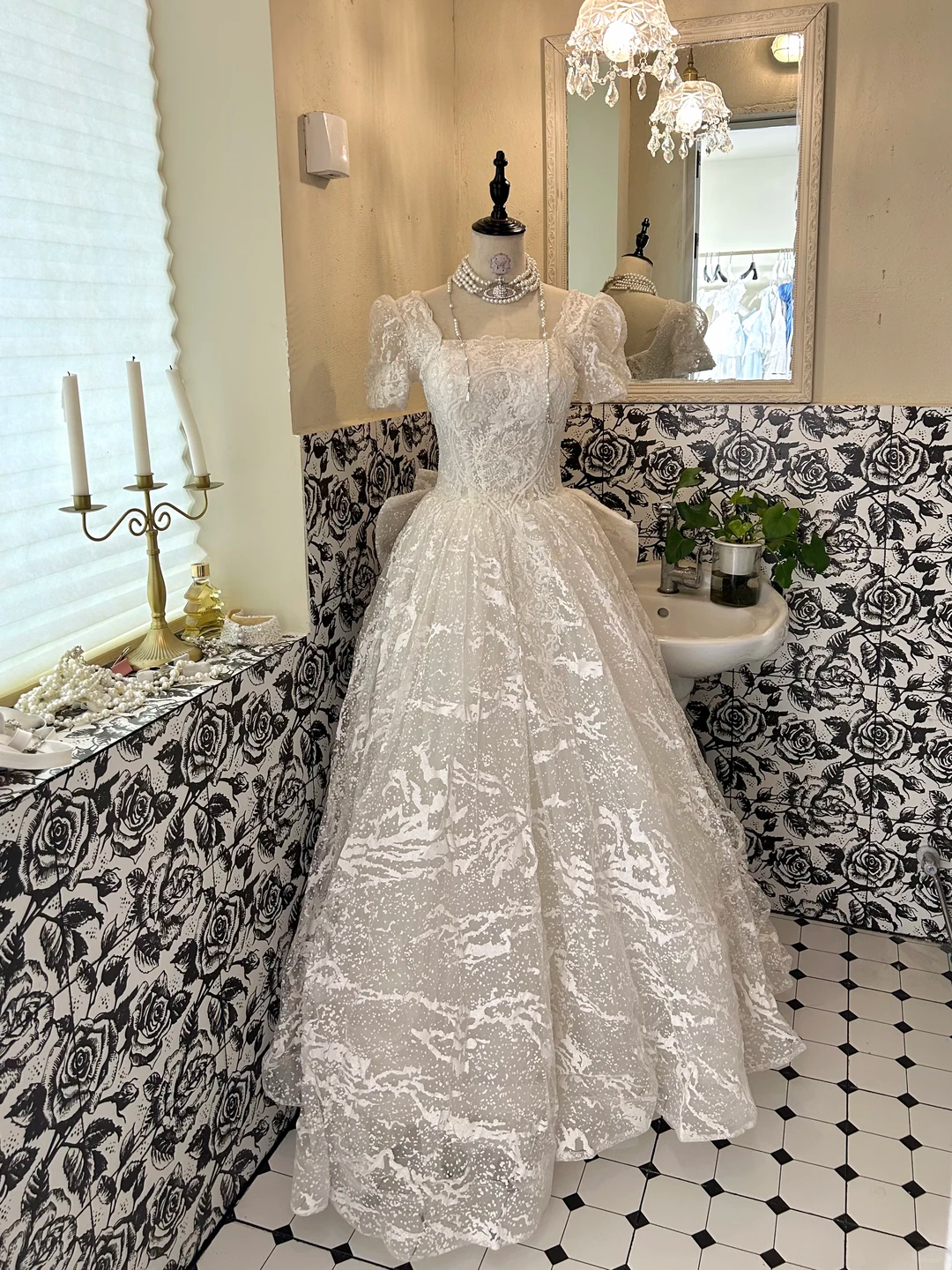 Ivory Square Neck Waist-Cinched Printed Voluminous Skirt Romantic Dress, Wedding Gown gh7663