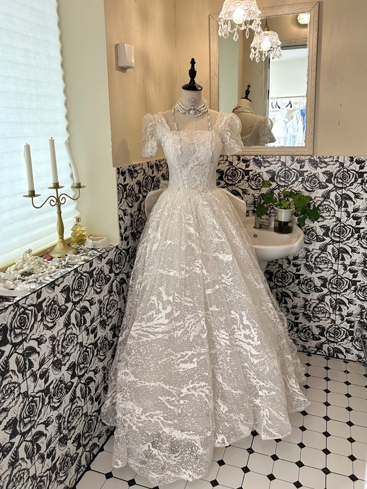 Ivory Square Neck Waist-Cinched Printed Voluminous Skirt Romantic Dress, Wedding Gown gh7663
