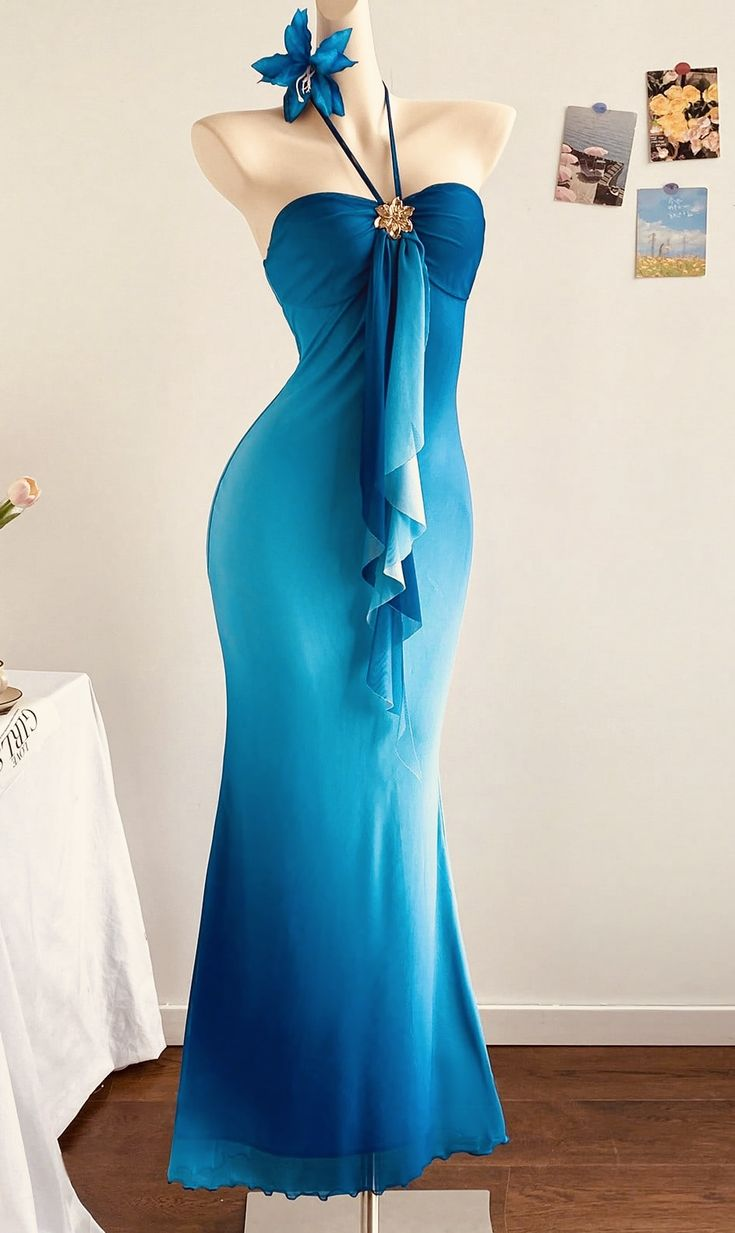 Blue Gradient Halter Neck Waist-Cinched Bodycon Sexy Evening Dress, Fairy Gown, Romantic Gown gh7442