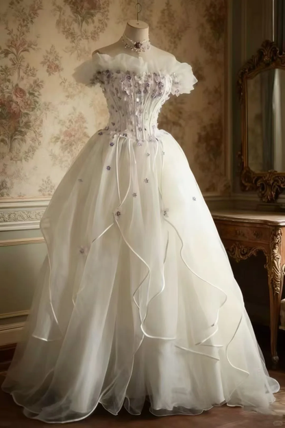 Off‑the‑Shoulder Ball Gown Wedding Dress, Puff Short Sleeve Corset Bodice 3D Purple Floral Applique Ruffled Satin‑Trim Tulle Skirt Bridal Gown gh9117