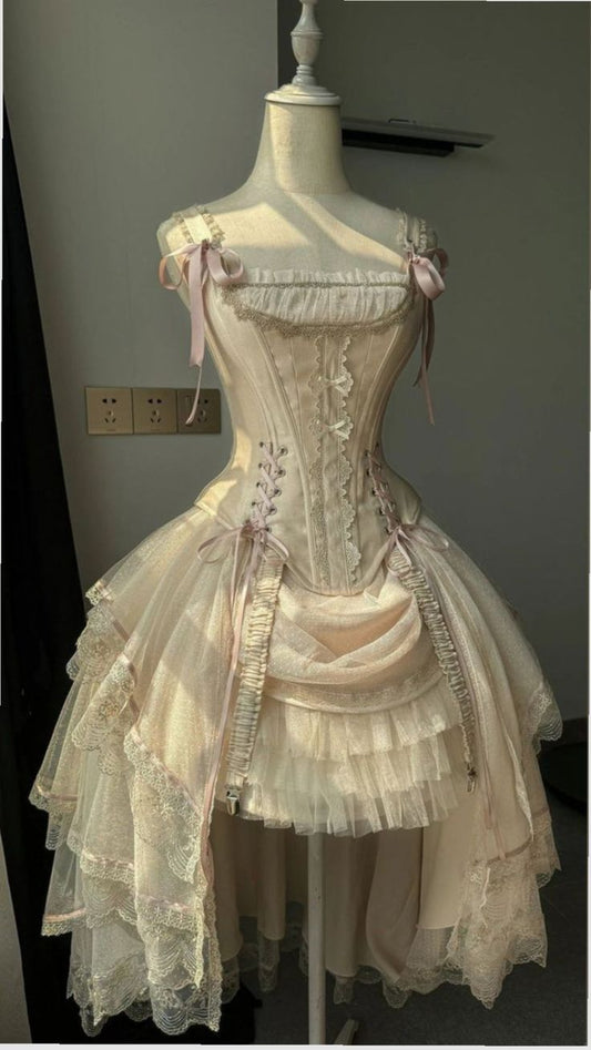 Light Apricot Lace-Up Bowknot Tiered Lolita Dress gh6397