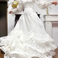 Ivory Vintage Lace High‑Neck Puff‑Sleeve Draped Ruched Long Train Wedding Dress gh8768
