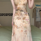 Vintage Oil‑Painting Floral Spaghetti Strap Long Evening Gown, Ruched Waist Irregular Flowy Skirt Formal Prom Dress gh9004