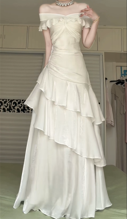 White Off‑the‑Shoulder Evening Gown, Twist Bodice Asymmetrical Ruffle Tiered Maxi Formal Prom Dress gh9021
