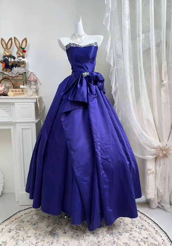 Royal Purple Satin Strapless Long Evening Gown, Beaded Rhinestone Sweetheart Neck Big Bow A-Line Princess Prom Dress gh9272