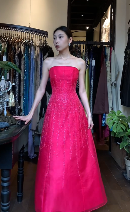 Fuchsia Strapless Long Formal Gown Hand Beaded Tulle A-Line Evening Dress gh9667