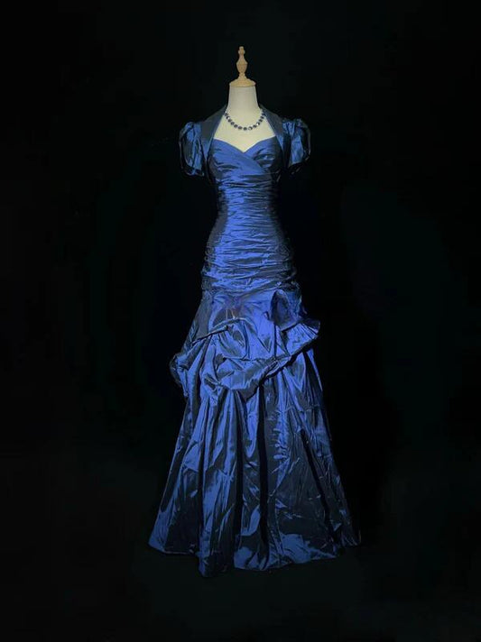 Navy Blue Short-Sleeved Elegant Long Vintage Ball Gown gh7077