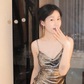 Silver Grey Metallic Cowl Neck Prom Dress Spaghetti Straps Draped Long Evening Gown gh9850