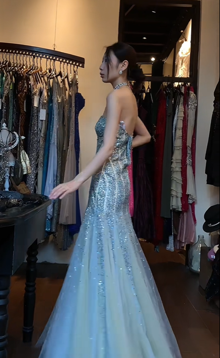 Strapless Sweetheart Ombre Blue Mermaid Evening Gown Beaded Rhinestone Tulle Long Prom Dress gh9681