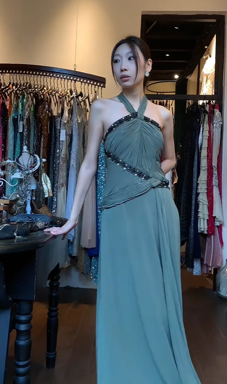 Halter Neck Dusty Green Chiffon Evening Gown Ruched Bodice Beaded Trim Long Prom Dress gh9683