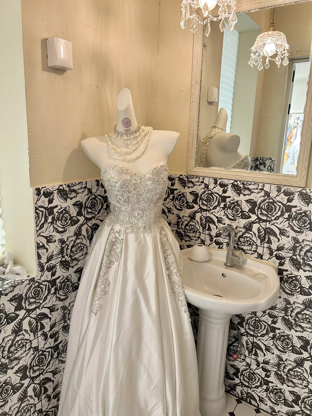 Silver Strapless Rhinestone Cinched Waist Full Flared Skirt Long Romantic Dress, Wedding Gown gh7813