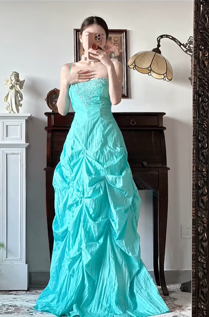 Mint‑Green‑Vintage‑Gown Spaghetti‑Straps Beaded‑Rhinestone‑Bodice Hand‑Gathered‑Voluminous‑Skirt Crinkled‑Shiny‑Taffeta‑Fabric Retro‑Puffy‑Floor‑Length‑Prom‑Evening‑Dress gh8840