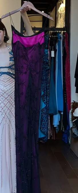 Dark Purple Ombre Spaghetti Straps Evening Gown Cowl Neck Hand Beaded Sheath Long Prom Dress gh9727