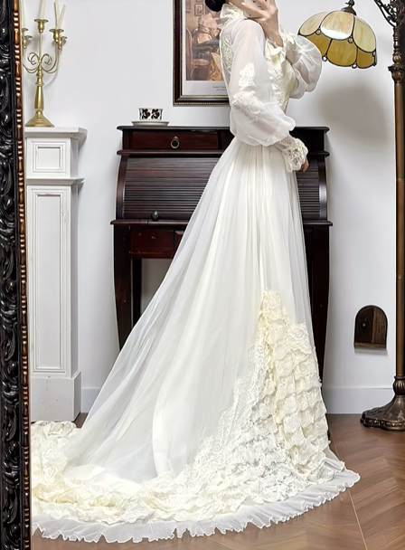 Ivory Vintage Frilled Collar Lantern Sleeve Multi‑Layer Lace‑Ruffle Long Train Wedding Dress gh8764
