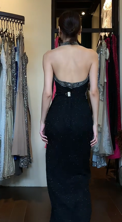 Halter Black Evening Gown Silver Cross Hand Beaded Bodice Fitted Side Slit Vintage Gatsby Long Prom Dress gh9705
