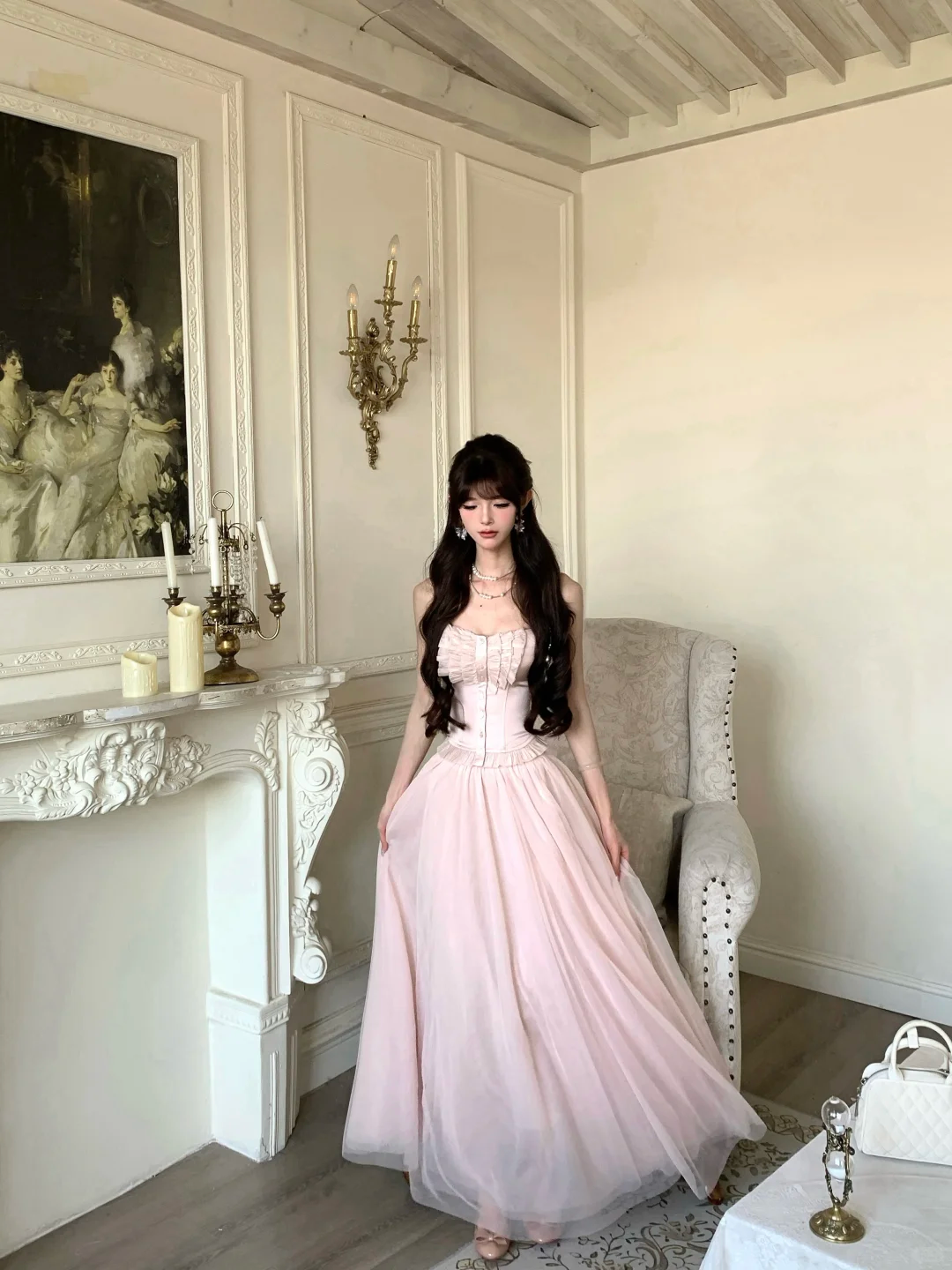 Women Romantic Light Pink Strapless Prom Dress Ruffle Bust Boned Corset Flowy Tulle Long Evening Gown gh9433
