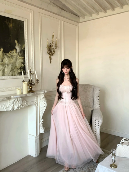 Women Romantic Light Pink Strapless Prom Dress Ruffle Bust Boned Corset Flowy Tulle Long Evening Gown gh9433