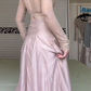 Champagne Pink Two‑Piece Long Prom Gown, Lace Square Neck Long‑Sleeve Top, Satin Bust Cups, Sheer Floral Lace Waist, High‑Waist Shiny Satin Floor‑Length Skirt, Formal Evening Dress gh8930