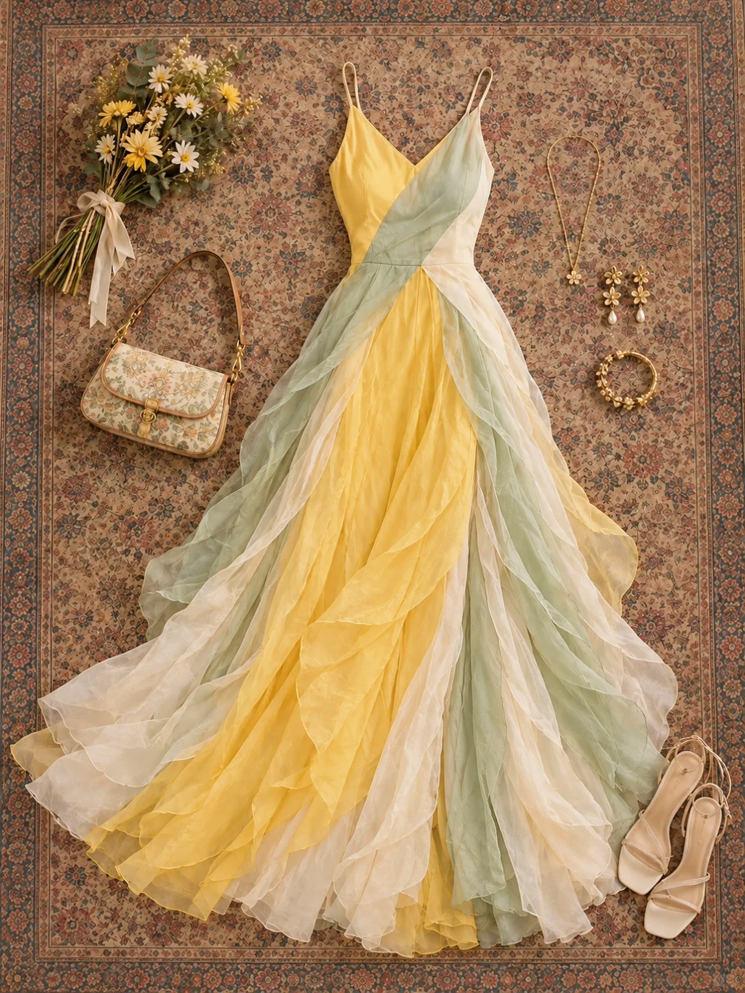 ✨Girlhomeshops-Color Block Spaghetti Strap Flowy Tulle Bridesmaid Dress, Irregular Ruffle Long Gown gh10285