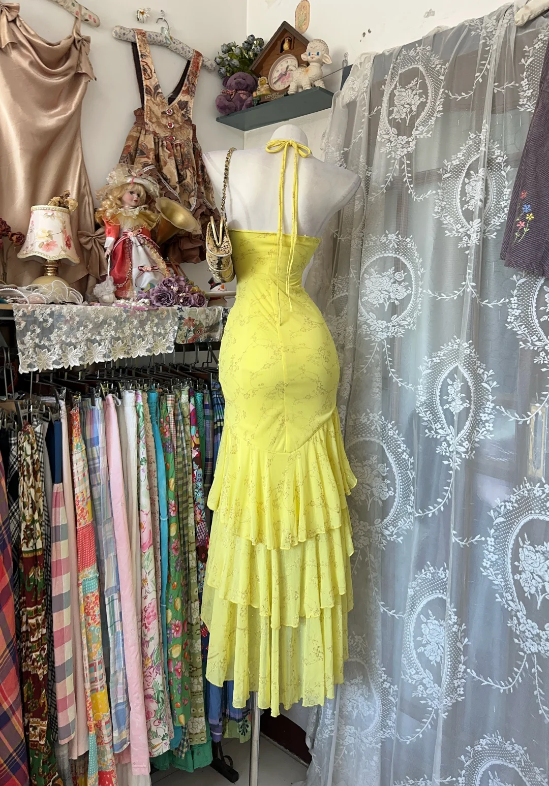 Sexy Long Light Yellow Vintage Halter Fitted Waist Slim Bodycon Prom & Evening Party Dress gh8481