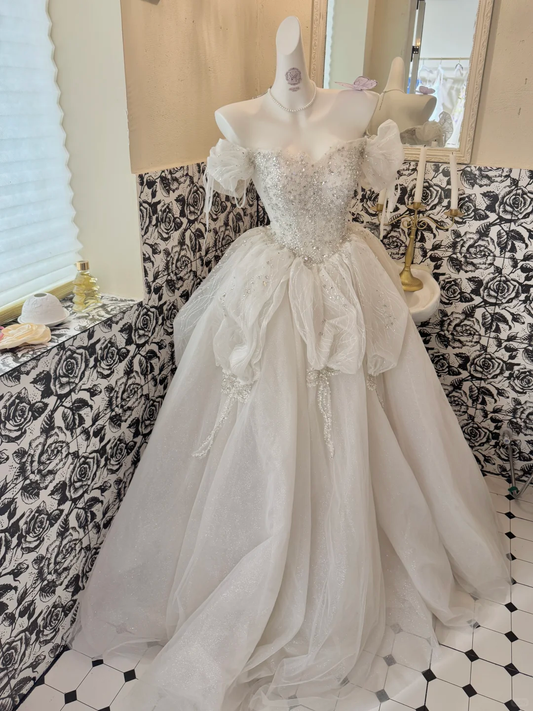Ivory Off-the-Shoulder Cinched Waist Rhinestone Voluminous Skirt Long Romantic Dress, Wedding Gown gh7806