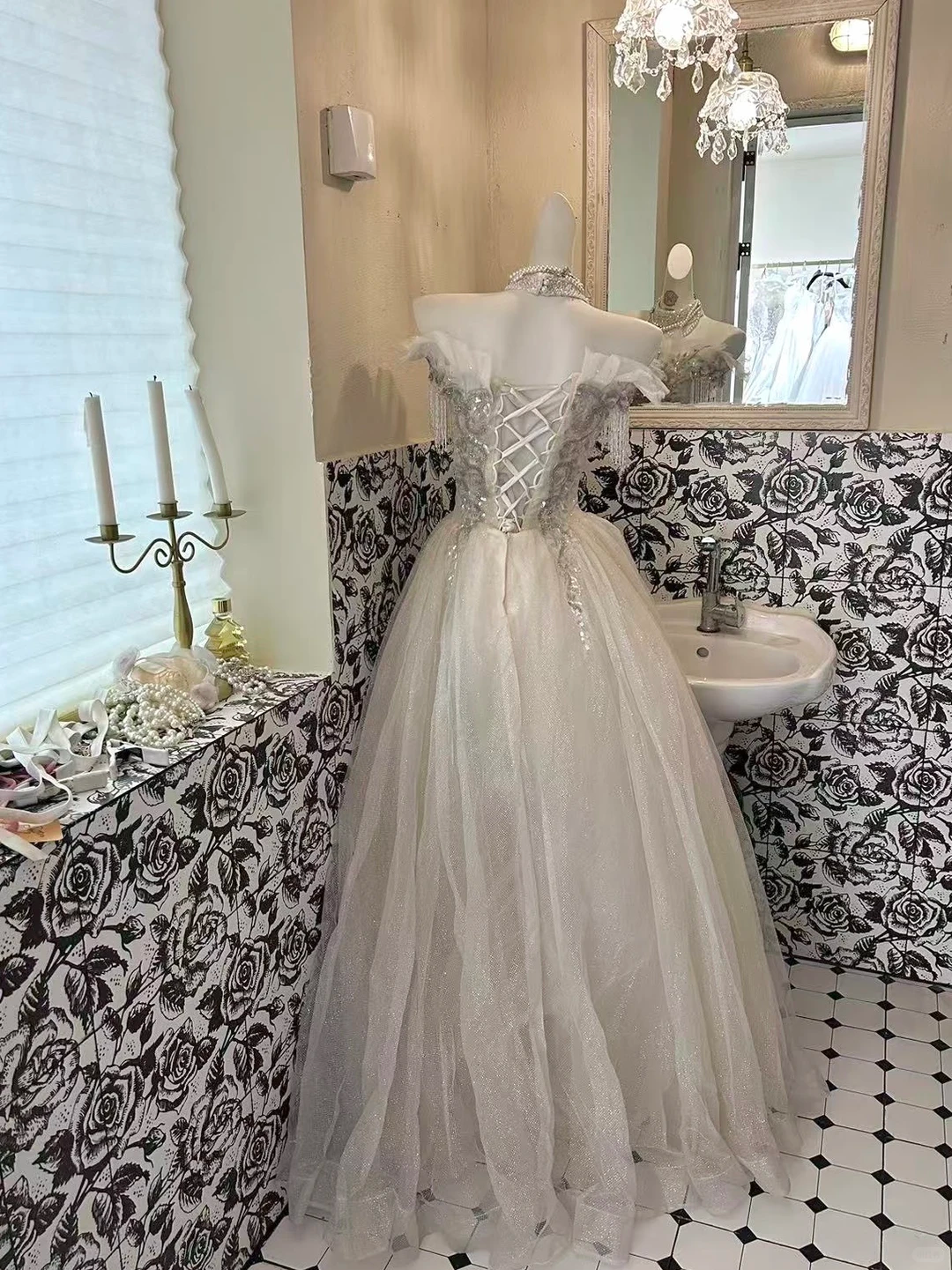 Ivory Gown With Silver Sequins, Vintage Luxury Waist-Cinched Full Flared Long Romantic Dress, Wedding Gown gh7716
